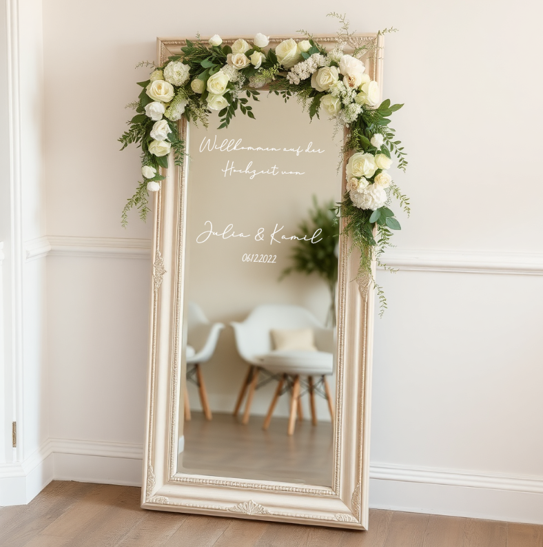 Spiegelaufkleber für Hochzeit "Willkommensschild mit Namen"
