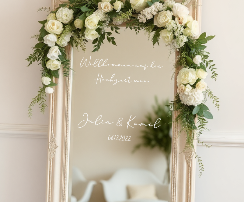 Spiegelaufkleber für Hochzeit "Willkommensschild mit Namen"