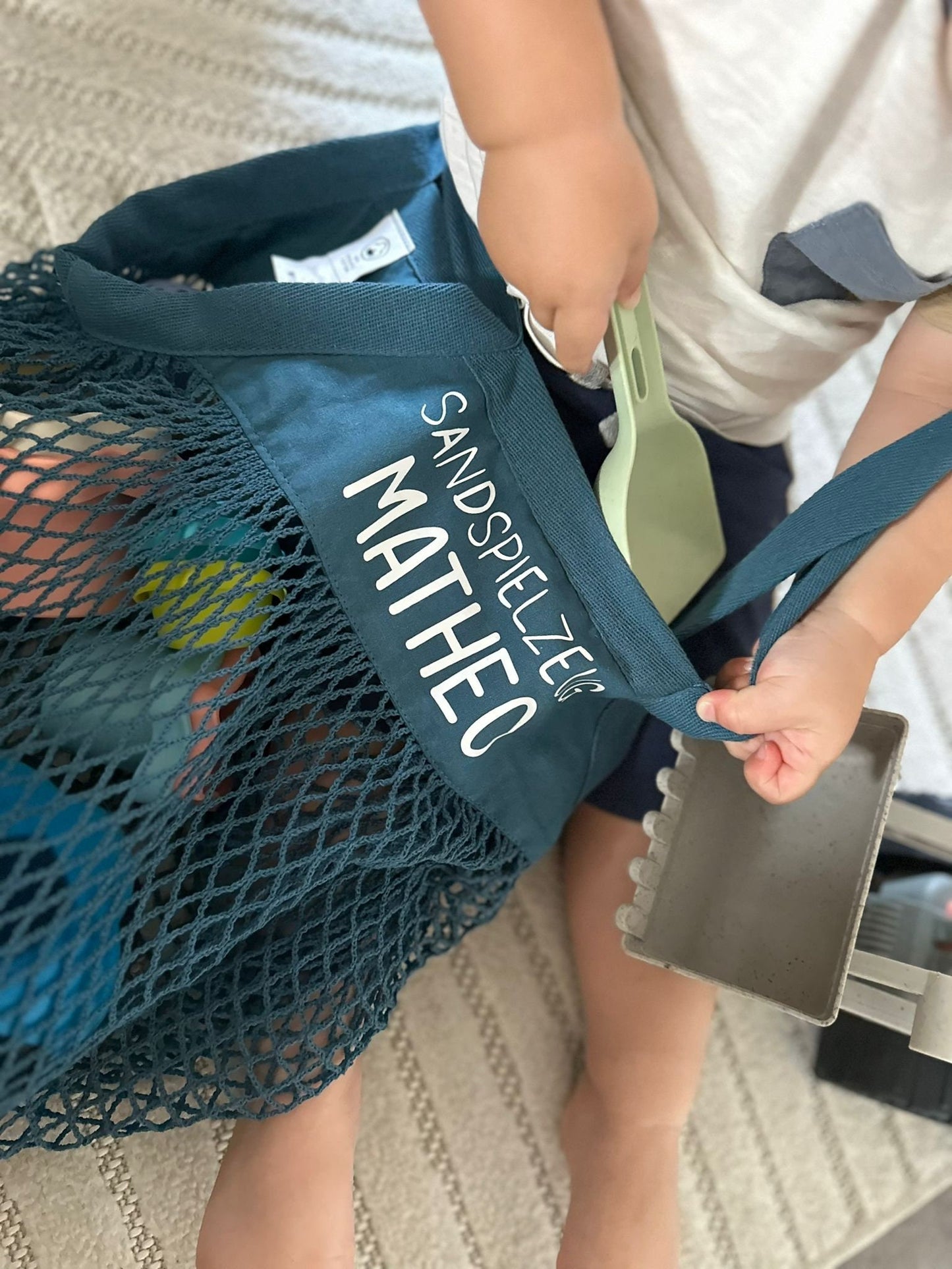 Sandspielzeug Tasche | Personalisiert I Strandtasche | Spielplatz | Baumwolltasche | Netztasche Geschenk I Kindergartenkind Beutel