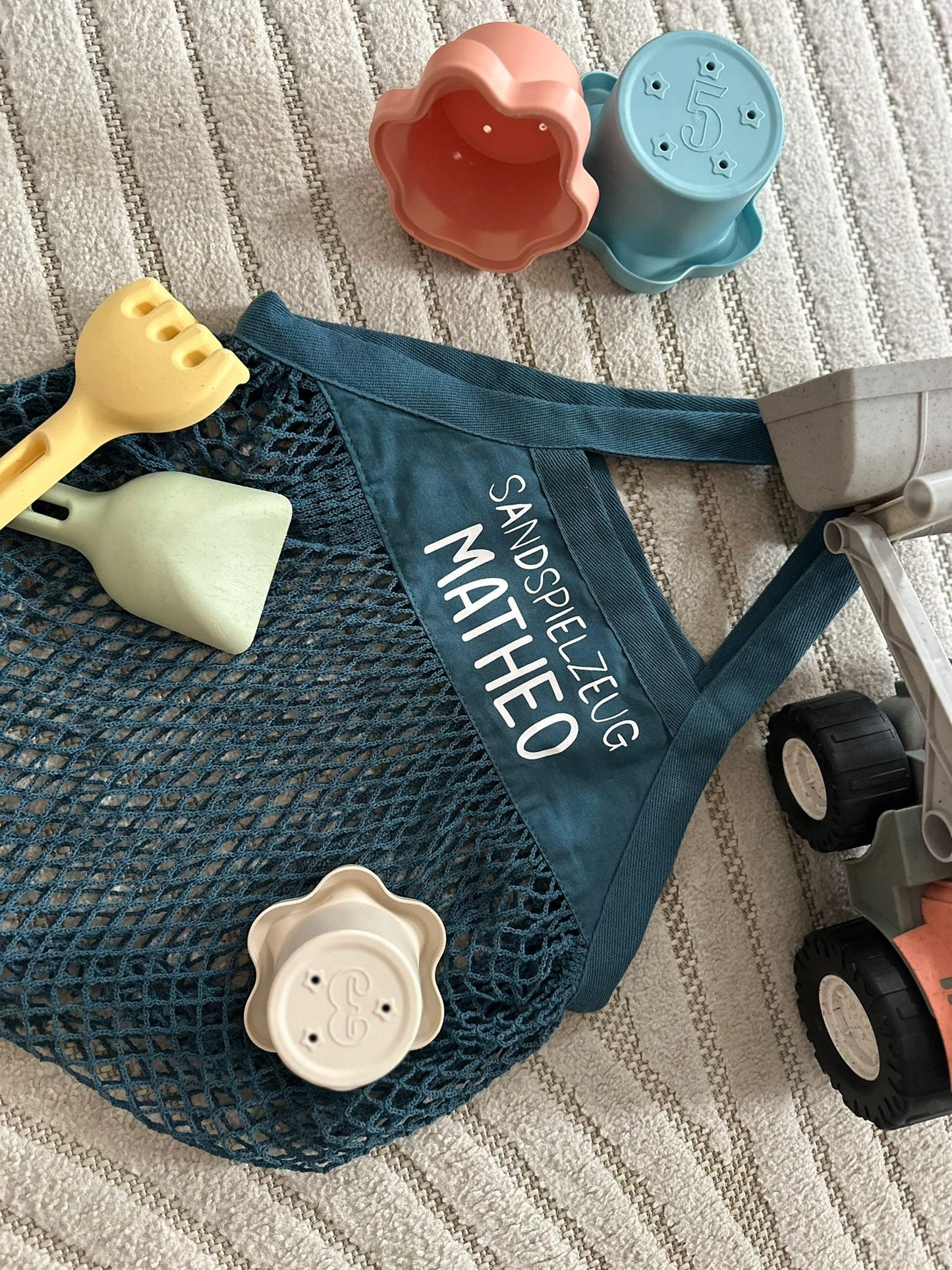 Sandspielzeug Tasche | Personalisiert I Strandtasche | Spielplatz | Baumwolltasche | Netztasche Geschenk I Kindergartenkind Beutel
